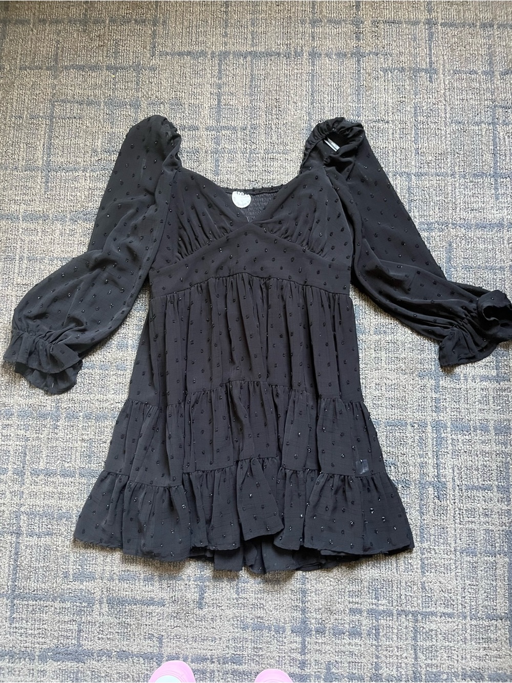 ARULA Black Sparkle Swiss Dot Tiered Mini Dress